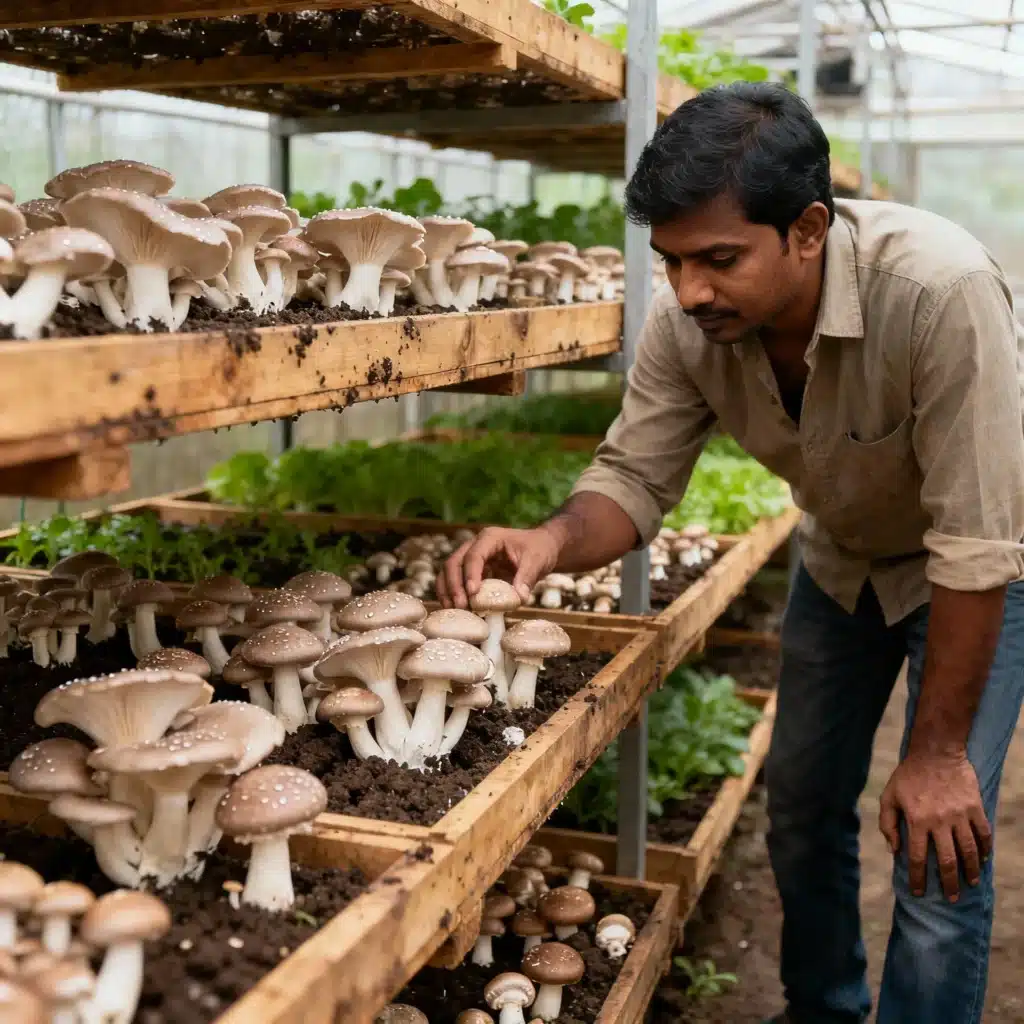 Oyster mushroom farming in India showing fresh mushroom harvesting for a small scale mushroom farming business