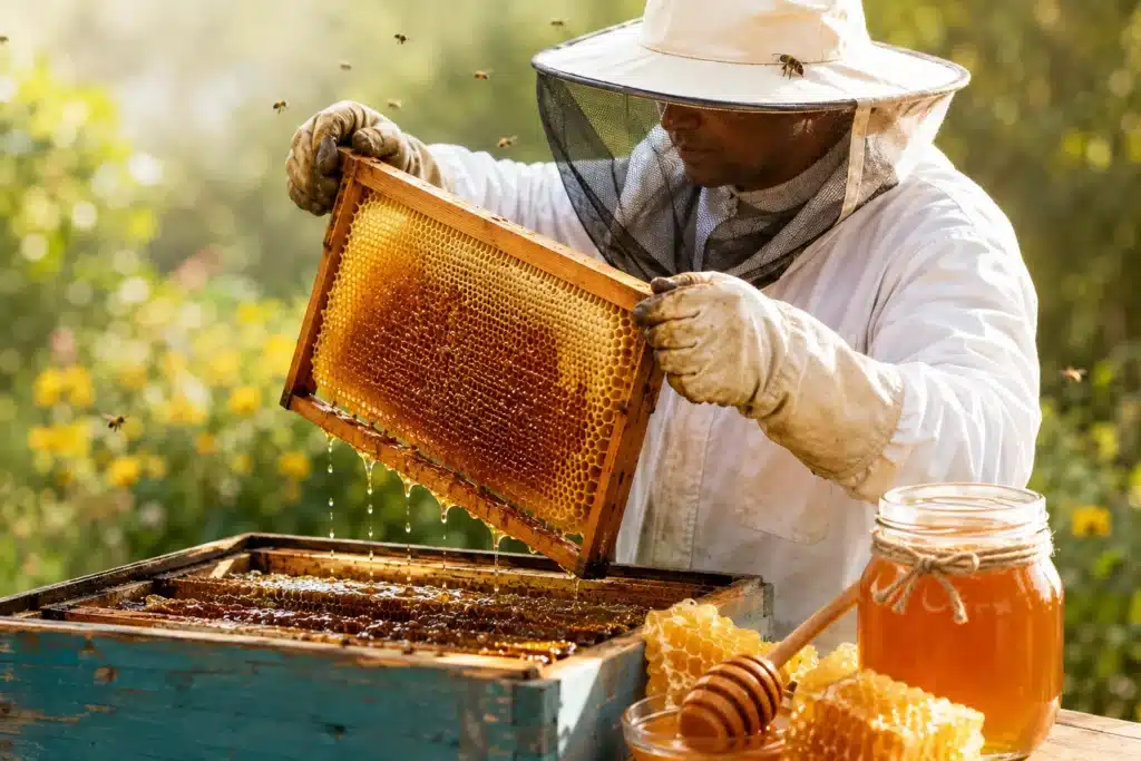 Honey harvesting and honey extraction process from beekeeping frames to bottled honey