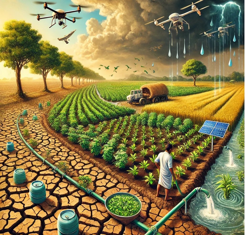 An Indian agricultural landscape showcasing climate-resilient farming amidst climate challenges. 