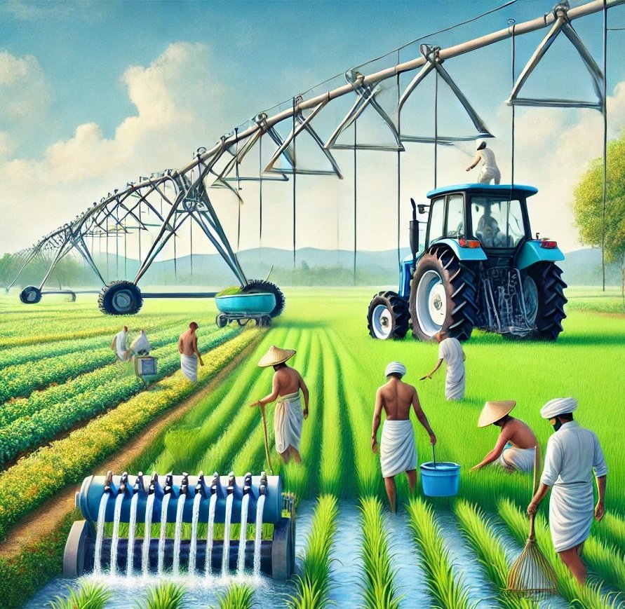 Telangana farmers working in lush green paddy fields using modern farming equipment, with irrigation systems in the background, representing agricultural reforms and government support
