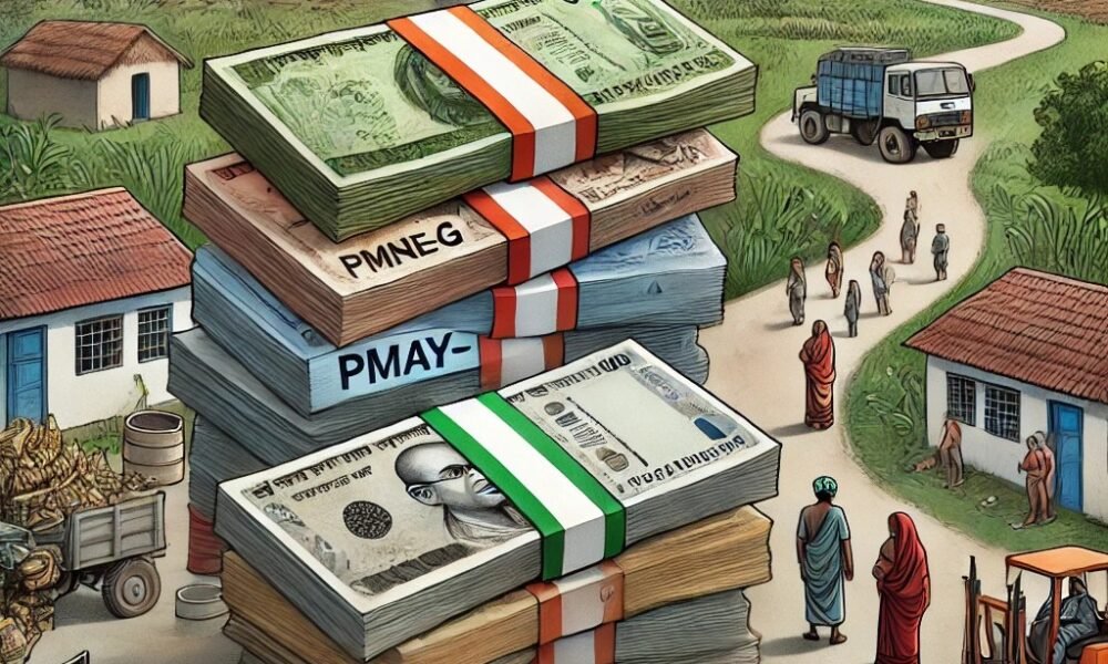 Stacks of unspent government funds with incomplete roads, halted projects, and waiting villagers symbolizing inefficiencies in rural development fund allocation