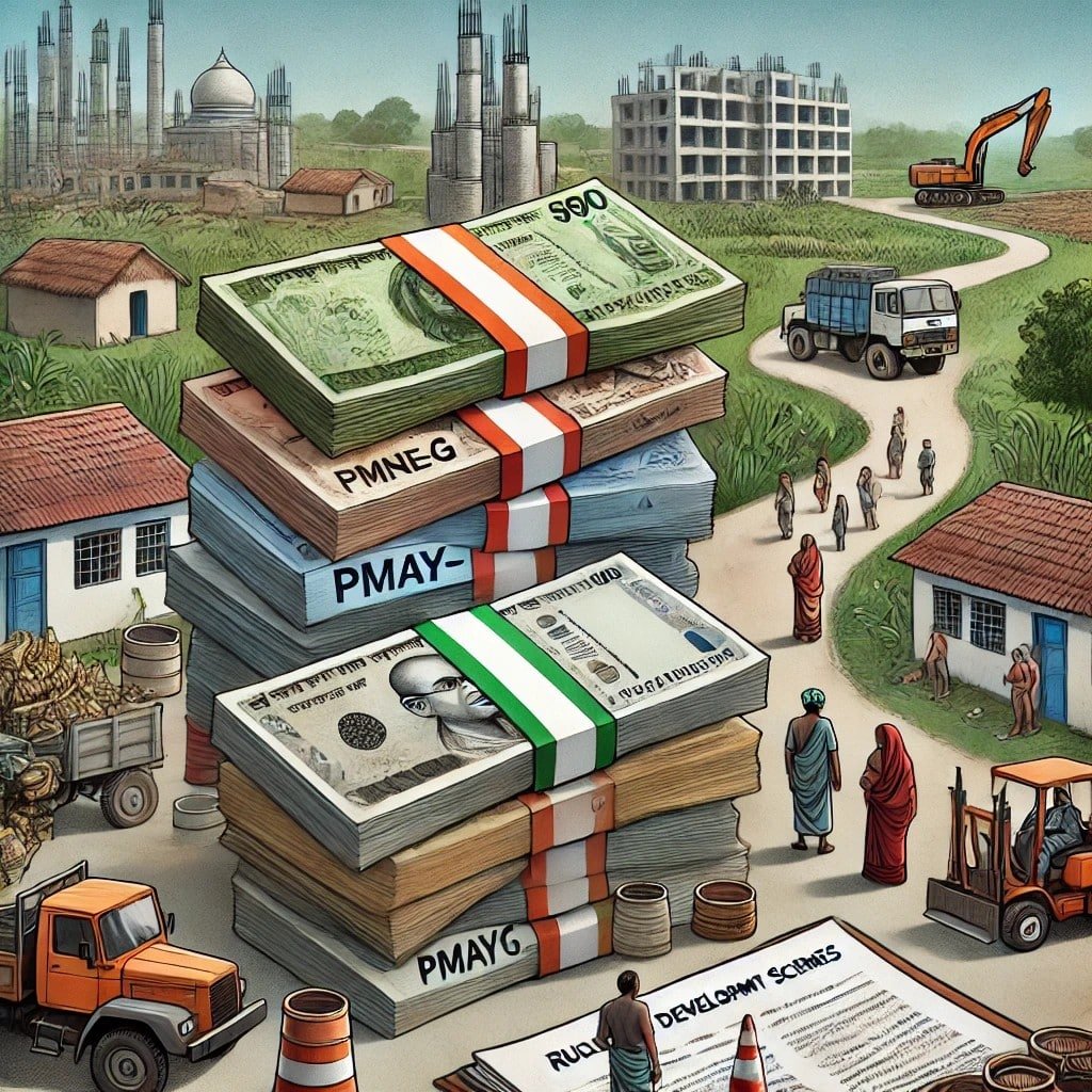 Stacks of unspent government funds with incomplete roads, halted projects, and waiting villagers symbolizing inefficiencies in rural development fund allocation