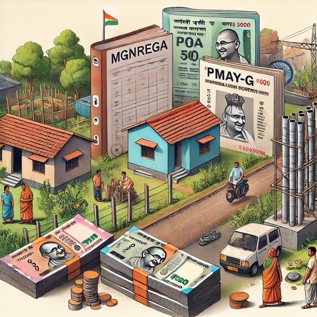 Stacks of Indian currency with government documents, incomplete roads, and waiting villagers, symbolizing underutilised rural development funds and stalled progress