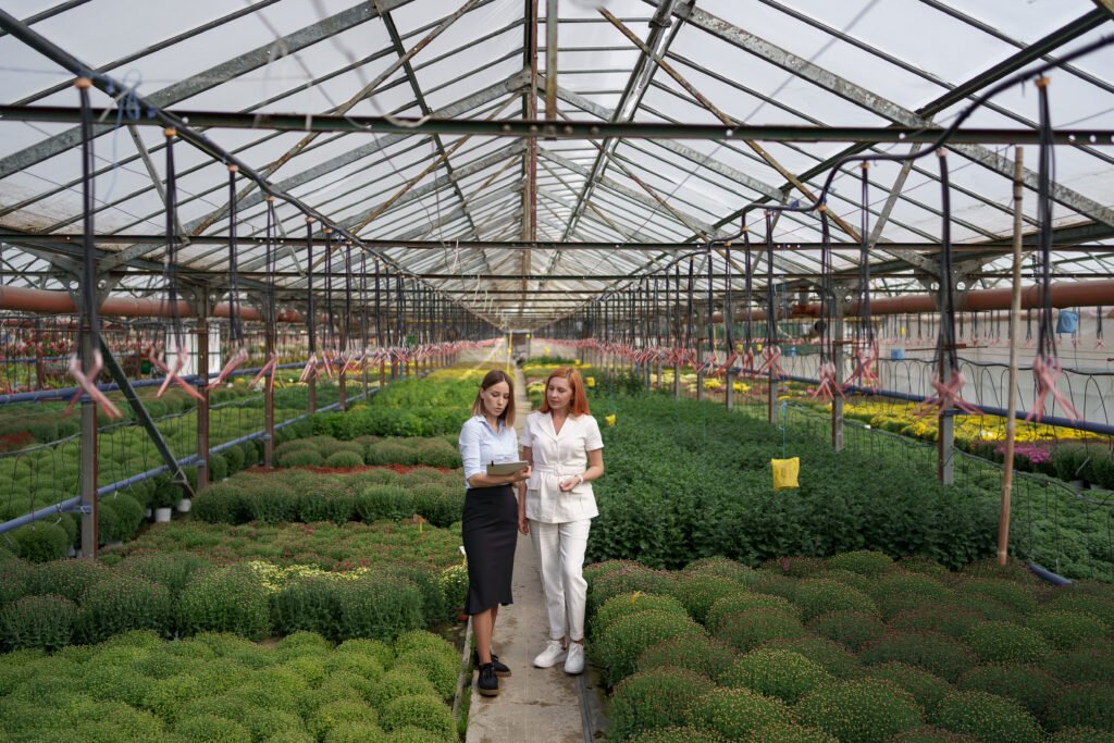 Two business women having a conversation while visiting greenhouse