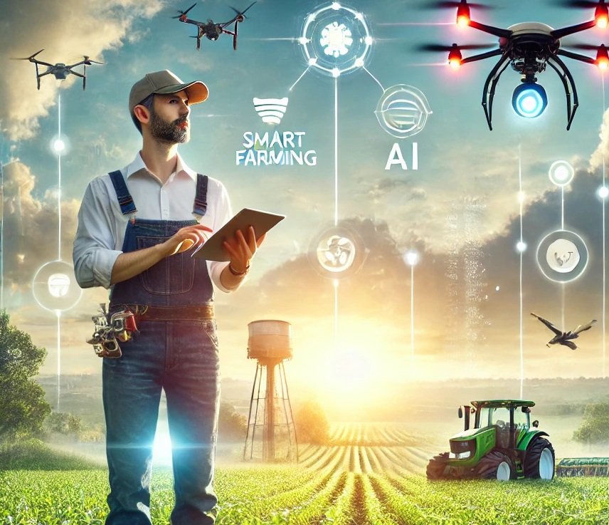 Modern farmer standing confidently in a lush green field, holding a tablet displaying crop analytics, with futuristic smart farming technologies in the background, including drones flying above, sensors on plants
