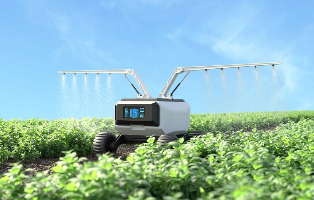 smart farming and agritech robot spraying fertilizers vegetables