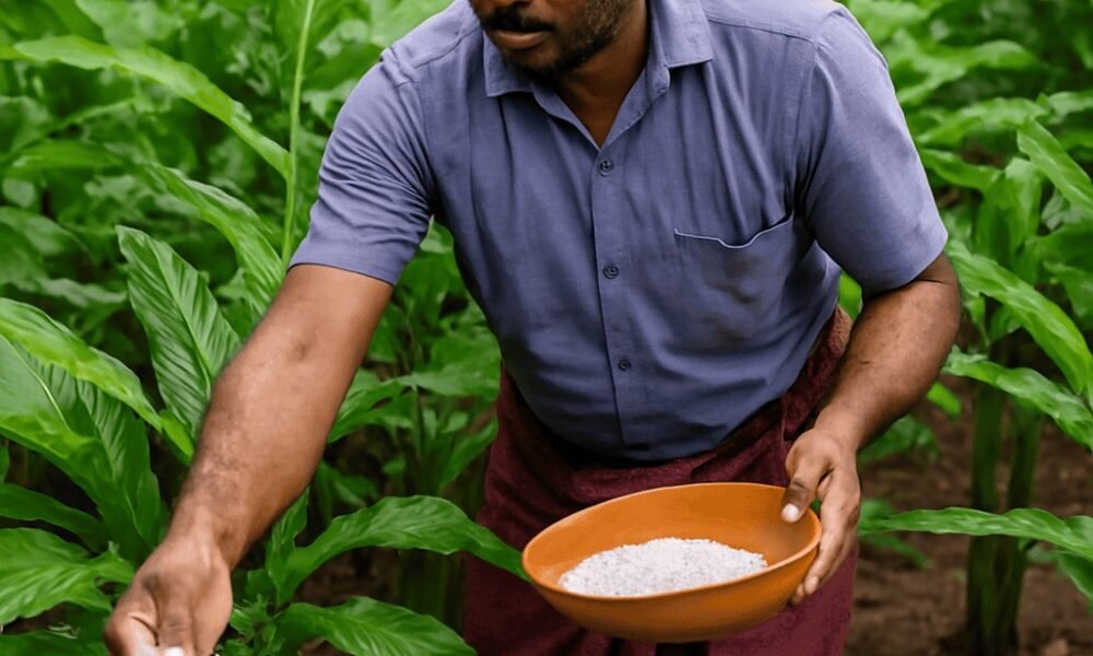 Cardamom Farming -A focused farmer applying fertilizer to cardamom plants in a lush green plantation