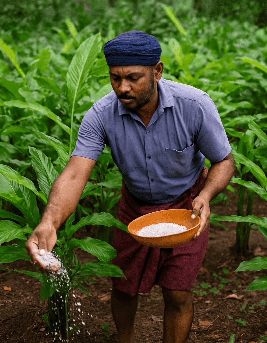 Cardamom Farming -A focused farmer applying fertilizer to cardamom plants in a lush green plantation