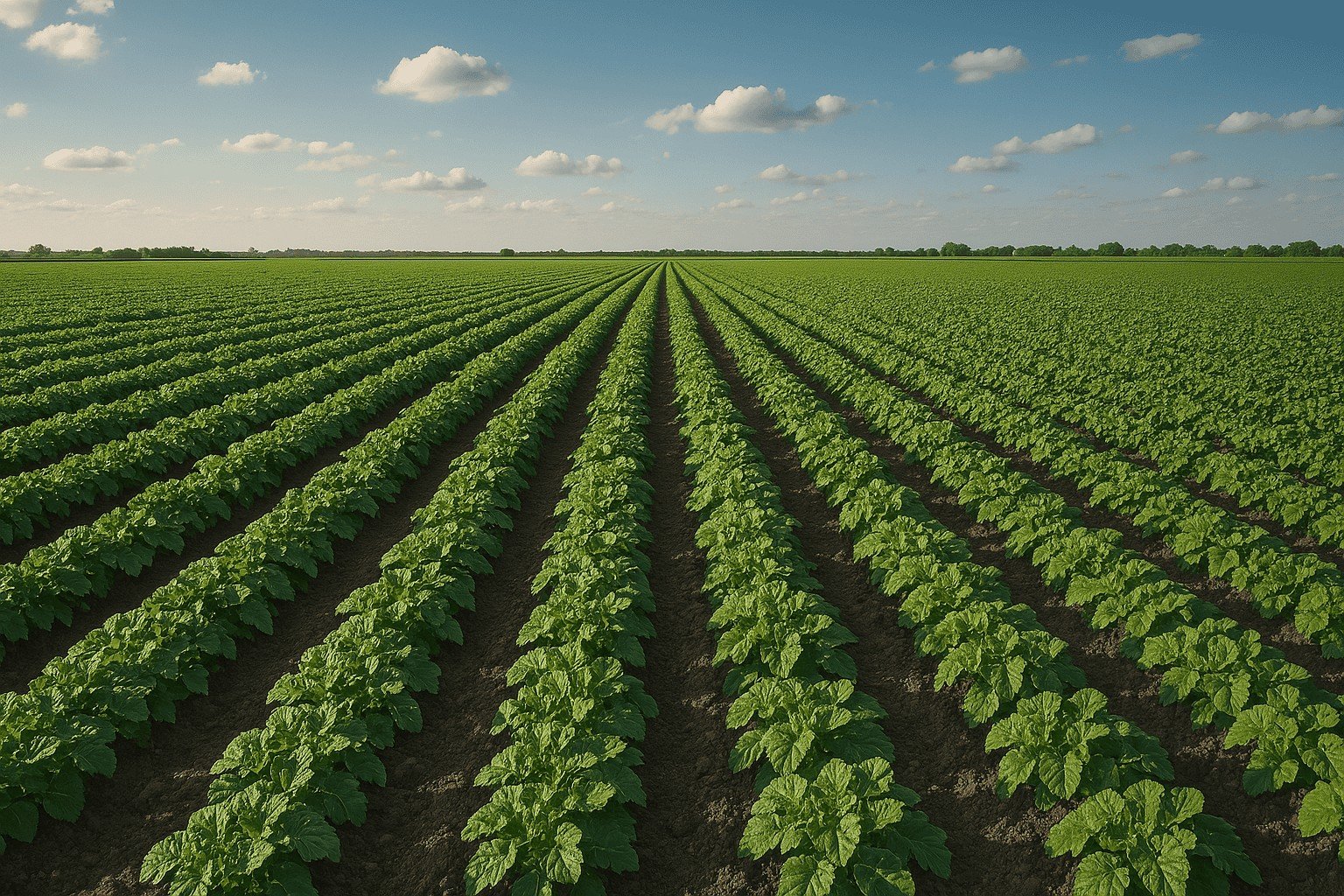 A lush, green agricultural field under clear skies, showcasing healthy crop growth with modern, sustainable farming techniques promoted by FarmersRathna.