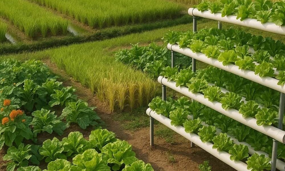 Profitable agriculture - A vibrant agricultural landscape showing an organic vegetable farm with leafy greens, a golden wheat field, a lush paddy field with water, and a modern hydroponic setup under early morning sunlight