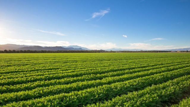 A realistic farm scene featuring organic vegetable rows, a ripened wheat field, a water-filled paddy field, and a vertical hydroponic garden under soft morning light, with farmers actively tending to the crops