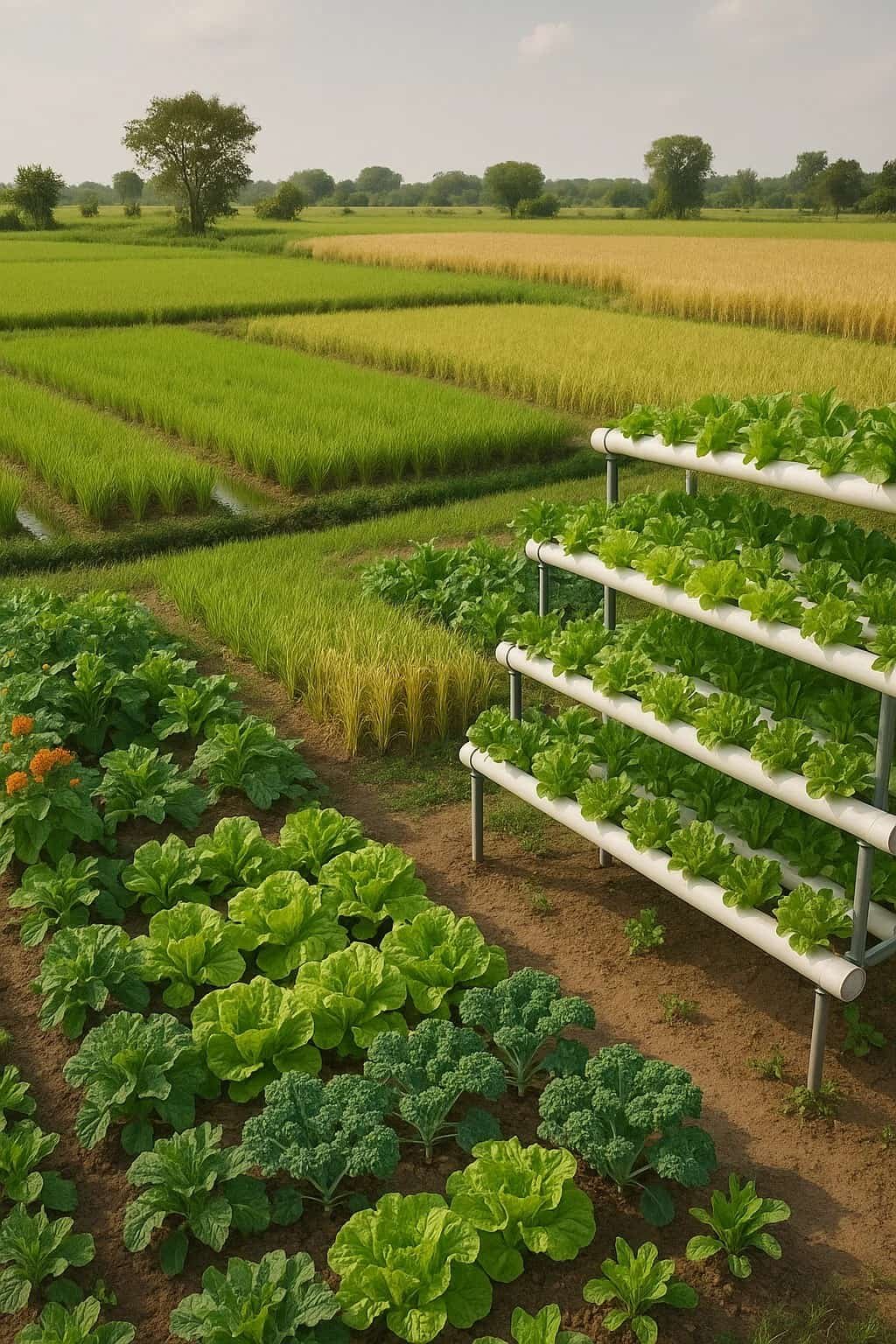 Profitable agriculture - A vibrant agricultural landscape showing an organic vegetable farm with leafy greens, a golden wheat field, a lush paddy field with water, and a modern hydroponic setup under early morning sunlight