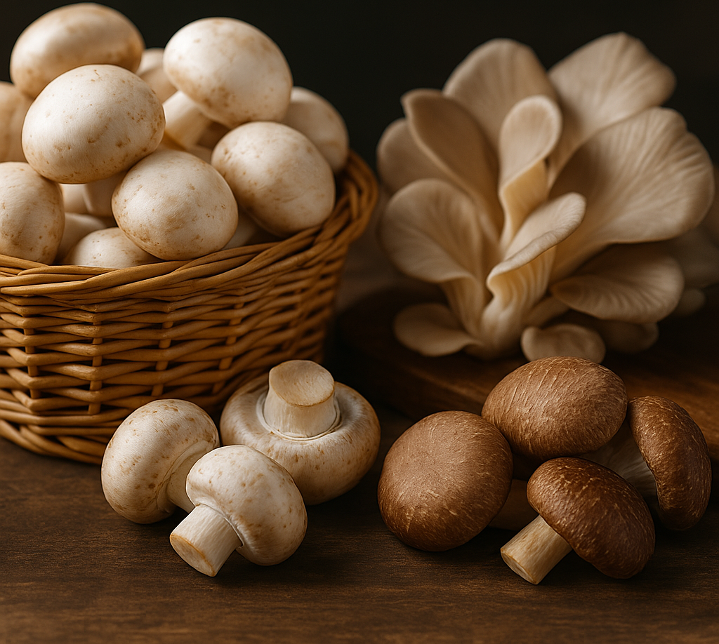 mushroom farming in 2025 featuring a woven basket of button mushrooms on the left and oyster and shiitake mushrooms displayed on a wooden surface to the right.