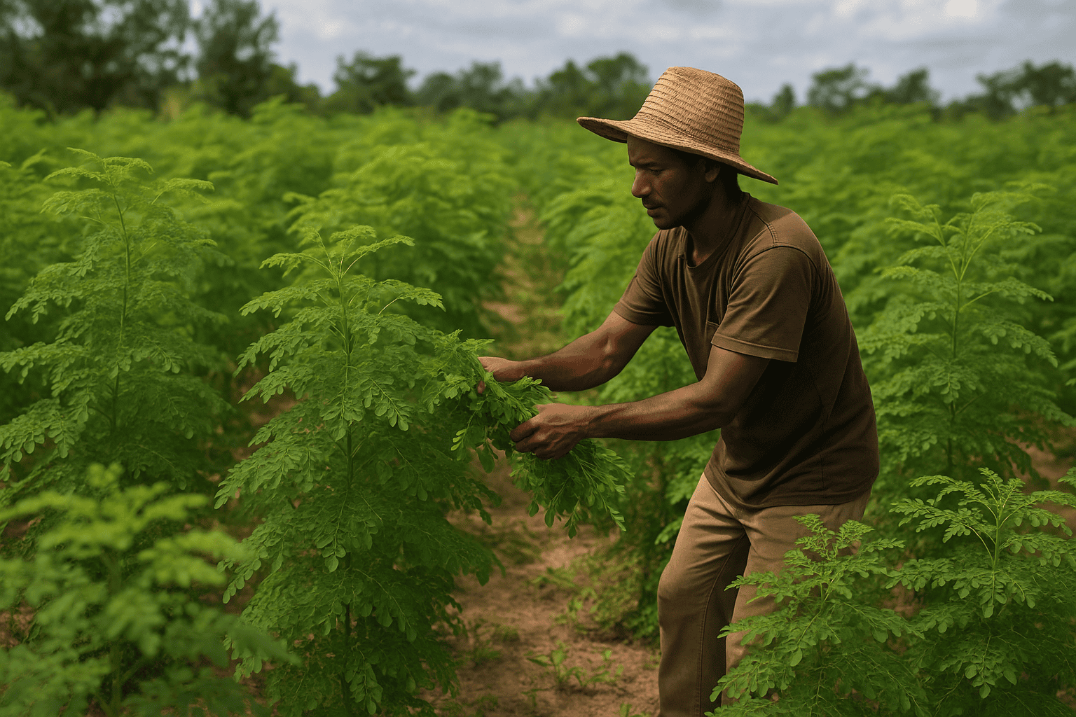 A farmer harvests moringa leaves in a lush green field, surrounded by healthy moringa plants 