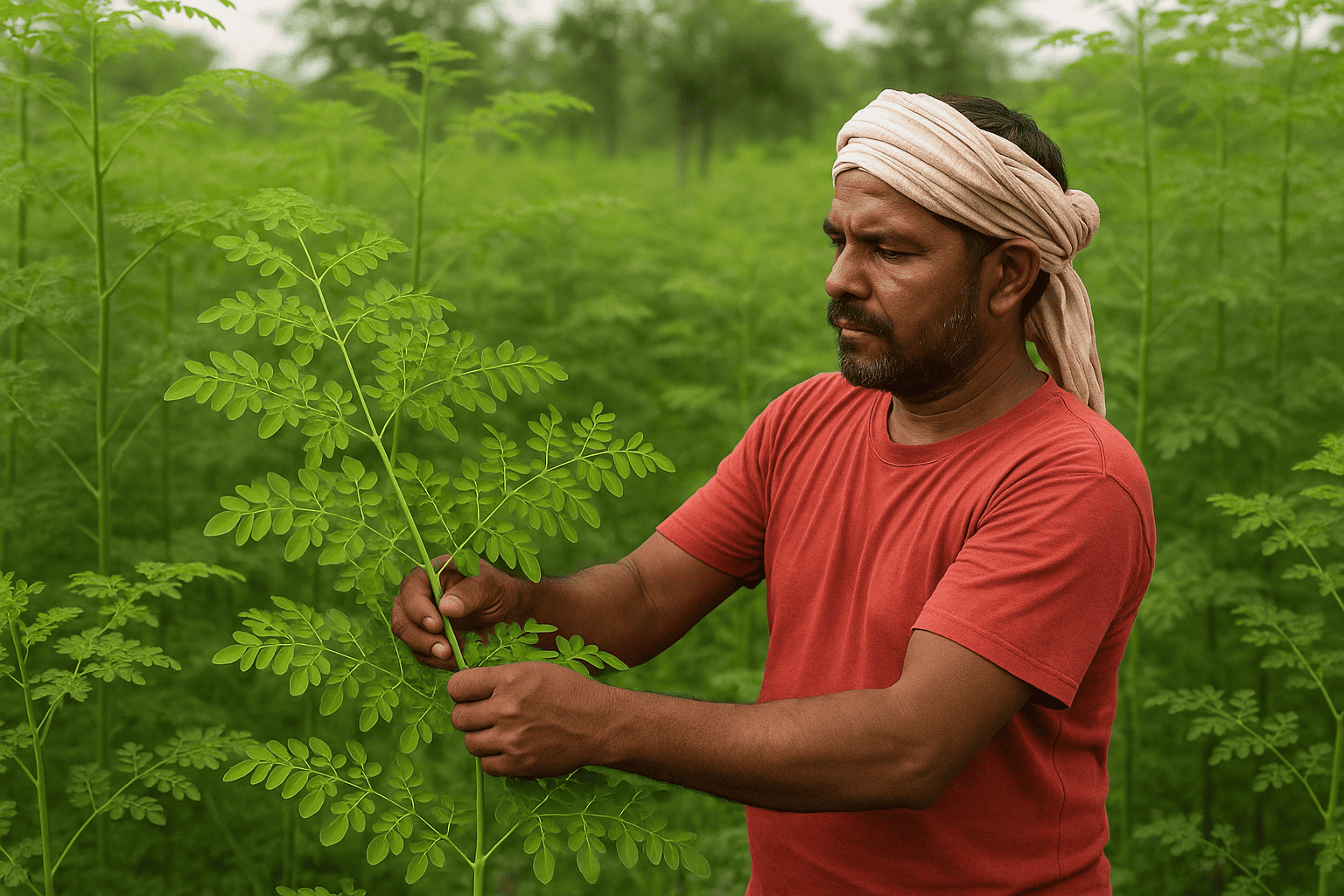 Moringa Leaves Farming - farmer carefully harvests moringa leaves in a lush green field, surrounded by healthy moringa plants