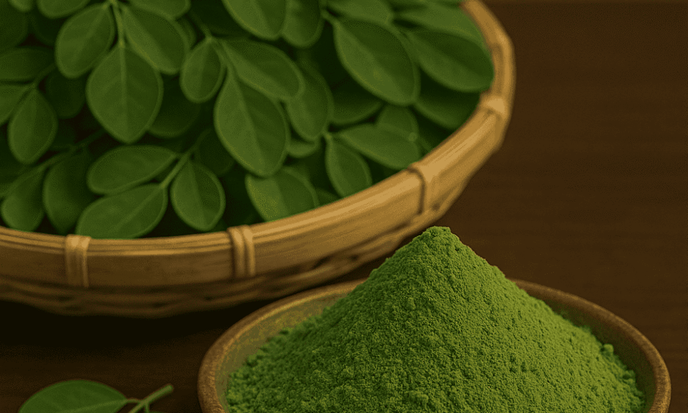 Moringa leaves Close-up view of vibrant green moringa powder with fresh moringa leaves, displayed on a rustic wooden surface