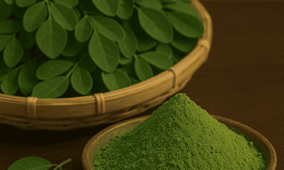 Moringa leaves Close-up view of vibrant green moringa powder with fresh moringa leaves, displayed on a rustic wooden surface