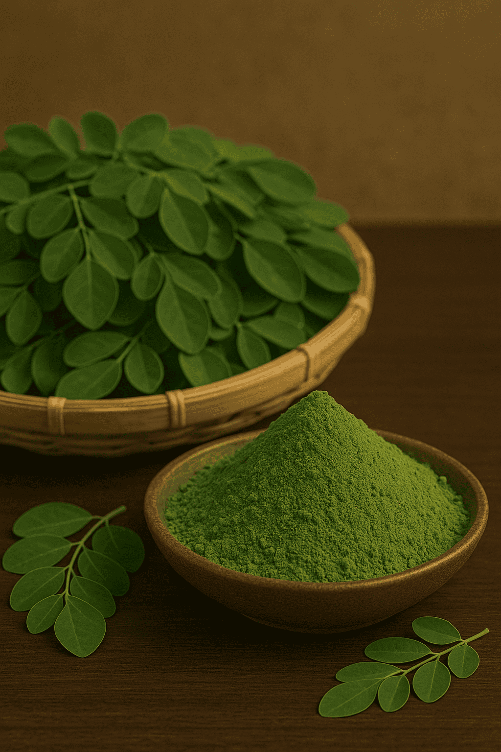 Moringa leaves Close-up view of vibrant green moringa powder with fresh moringa leaves, displayed on a rustic wooden surface