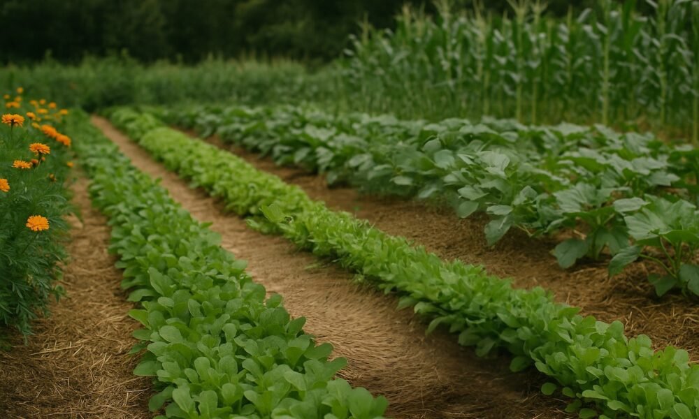Organic farming a leafy green plant in an organic vegetable field surrounded by marigolds and corn, pesticide-free farming.
