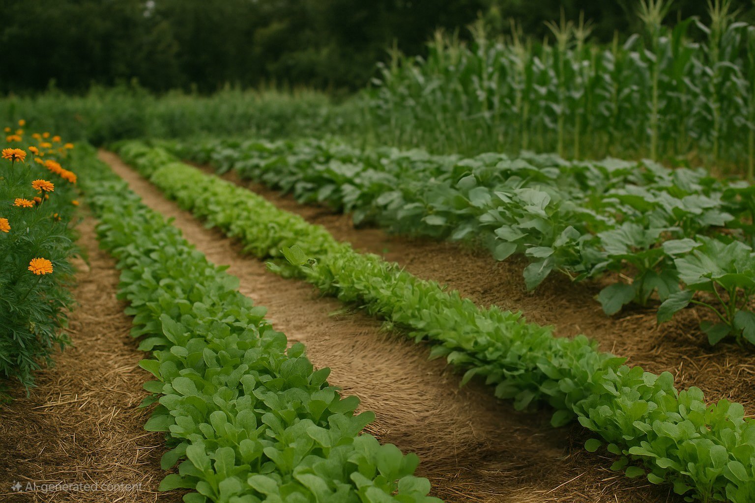 Organic farming a leafy green plant in an organic vegetable field surrounded by marigolds and corn, pesticide-free farming.