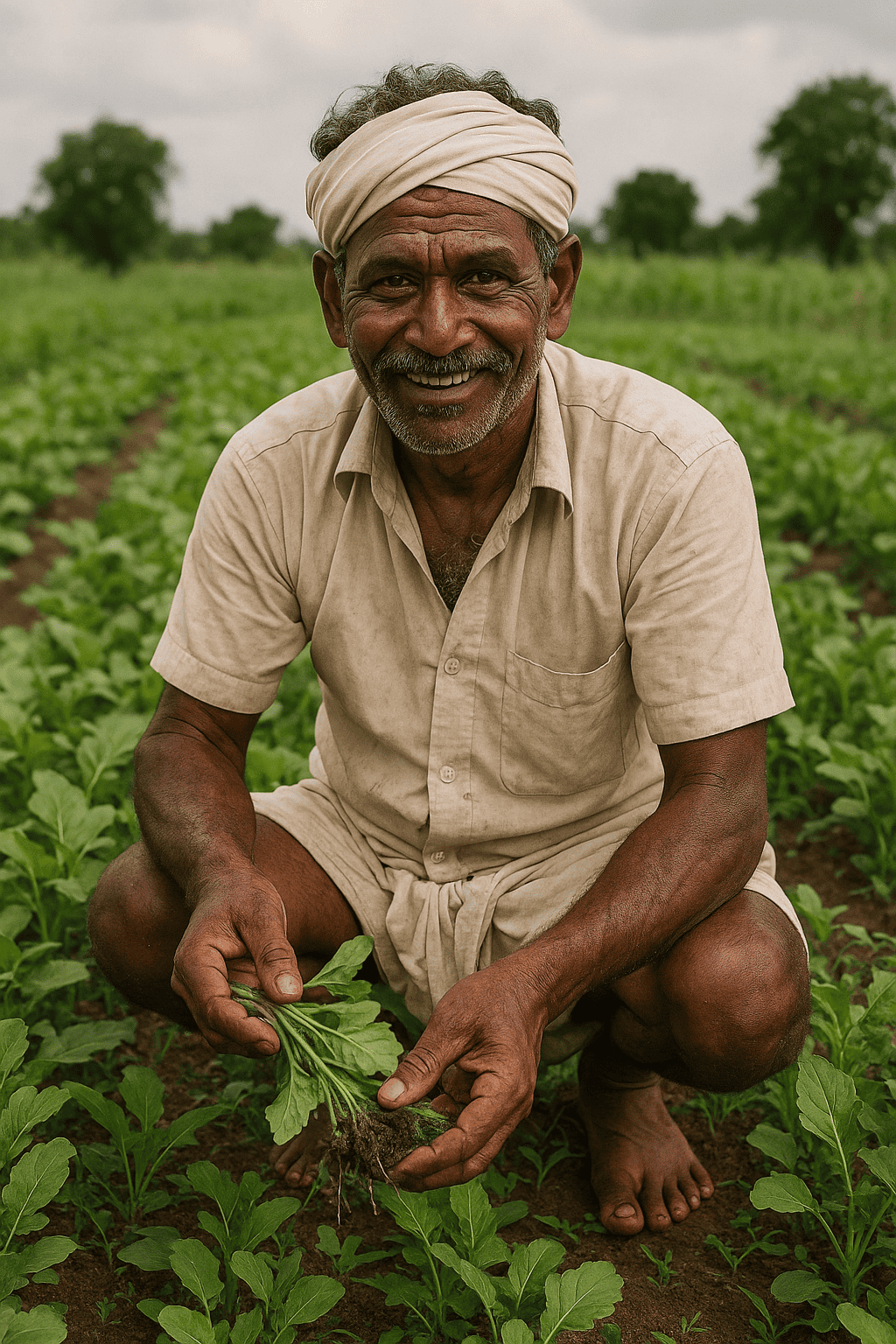 Organic Farming A farmer wearing examines a leafy green plant in an organic vegetable field surrounded by marigolds and corn, pesticide-free farming.