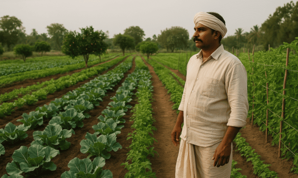 Organic farm with rows of green vegetables and fruit trees