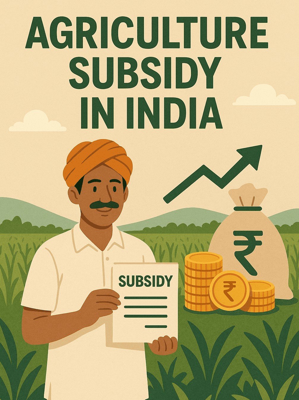 Indian farmer in traditional attire holding a subsidy document in a green field, with a money bag, coins, and growth arrow symbolizing agricultural financial support in India.