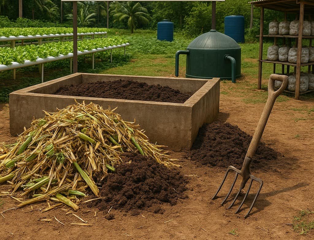 Agriculture Waste Recycling - A rural agricultural waste recycling setup showing a compost pit filled with soil, a pile of corn stalks, a biogas unit, hydroponic farming trays, and mushroom cultivation racks