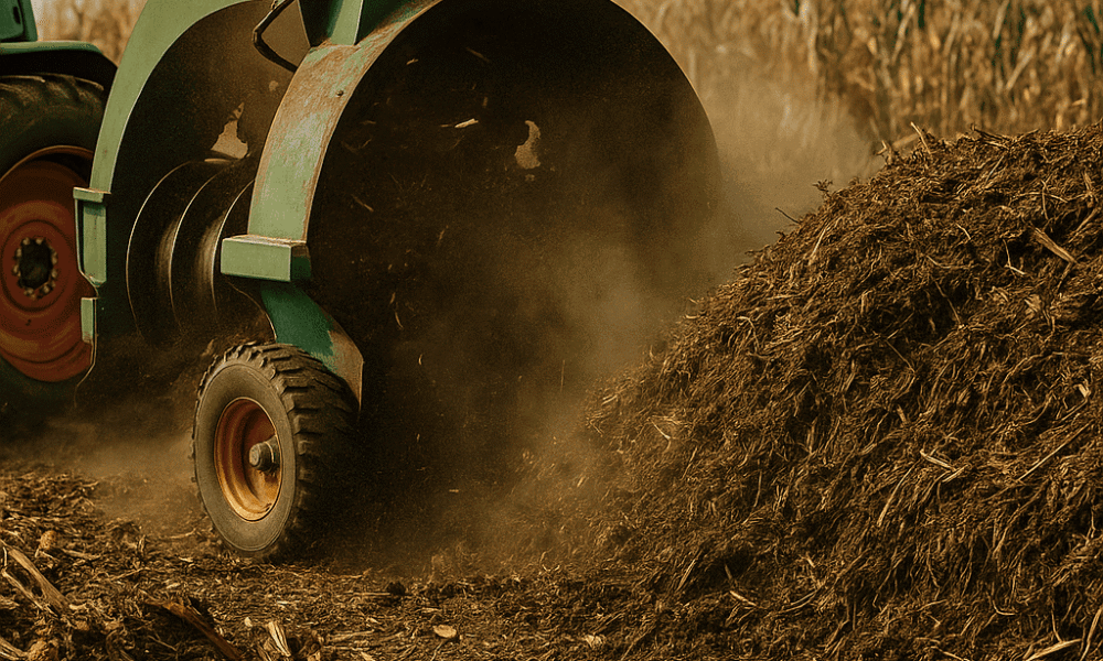 Agriculture Waste Recycling - A compost turner machine churning a large heap of decaying corn and crop waste in an open field near a corn farm, highlighting agricultural waste recycling in action.