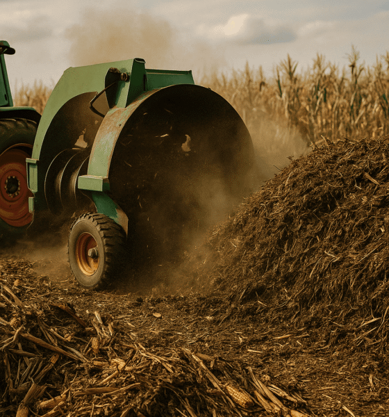 Agriculture Waste Recycling - A compost turner machine churning a large heap of decaying corn and crop waste in an open field near a corn farm, highlighting agricultural waste recycling in action.