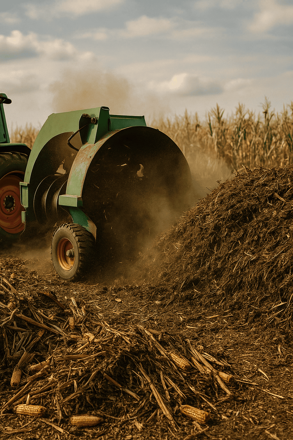 Agriculture Waste Recycling - A compost turner machine churning a large heap of decaying corn and crop waste in an open field near a corn farm, highlighting agricultural waste recycling in action.