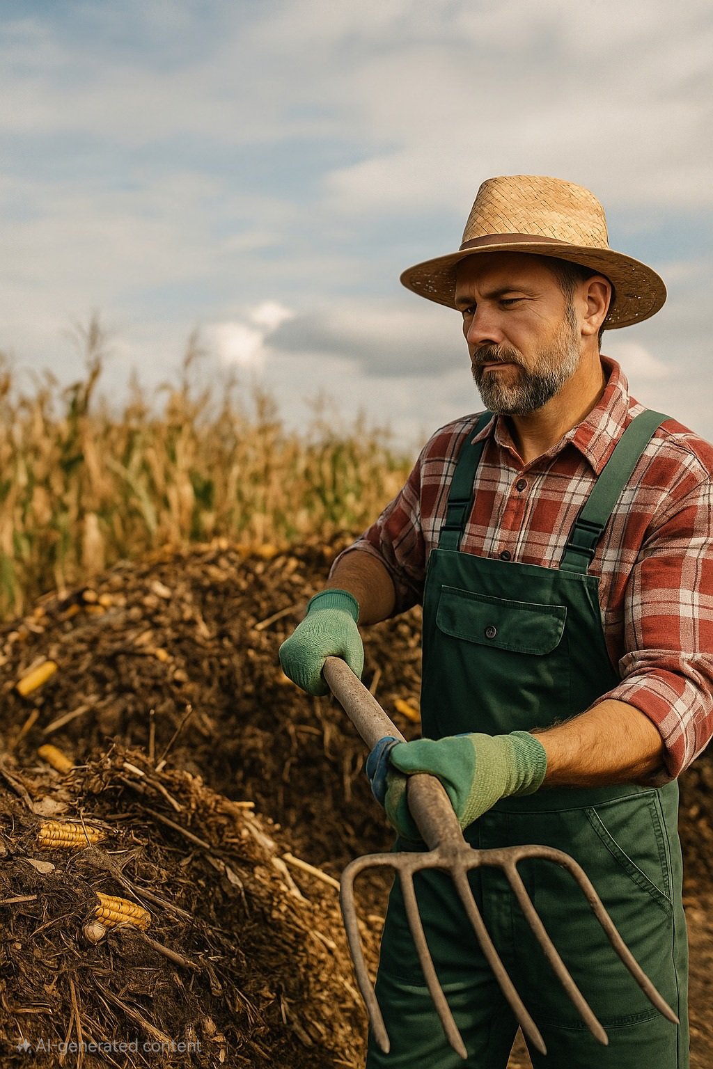 A agricultural waste recycling showing composted crop residues, corn husks, and organic matter in a rural farming setup.