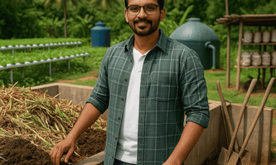 An farmer standing beside a composting unit filled with agricultural waste, surrounded by a lush green farm featuring a biogas plant, hydroponic system, and mushroom cultivation area.