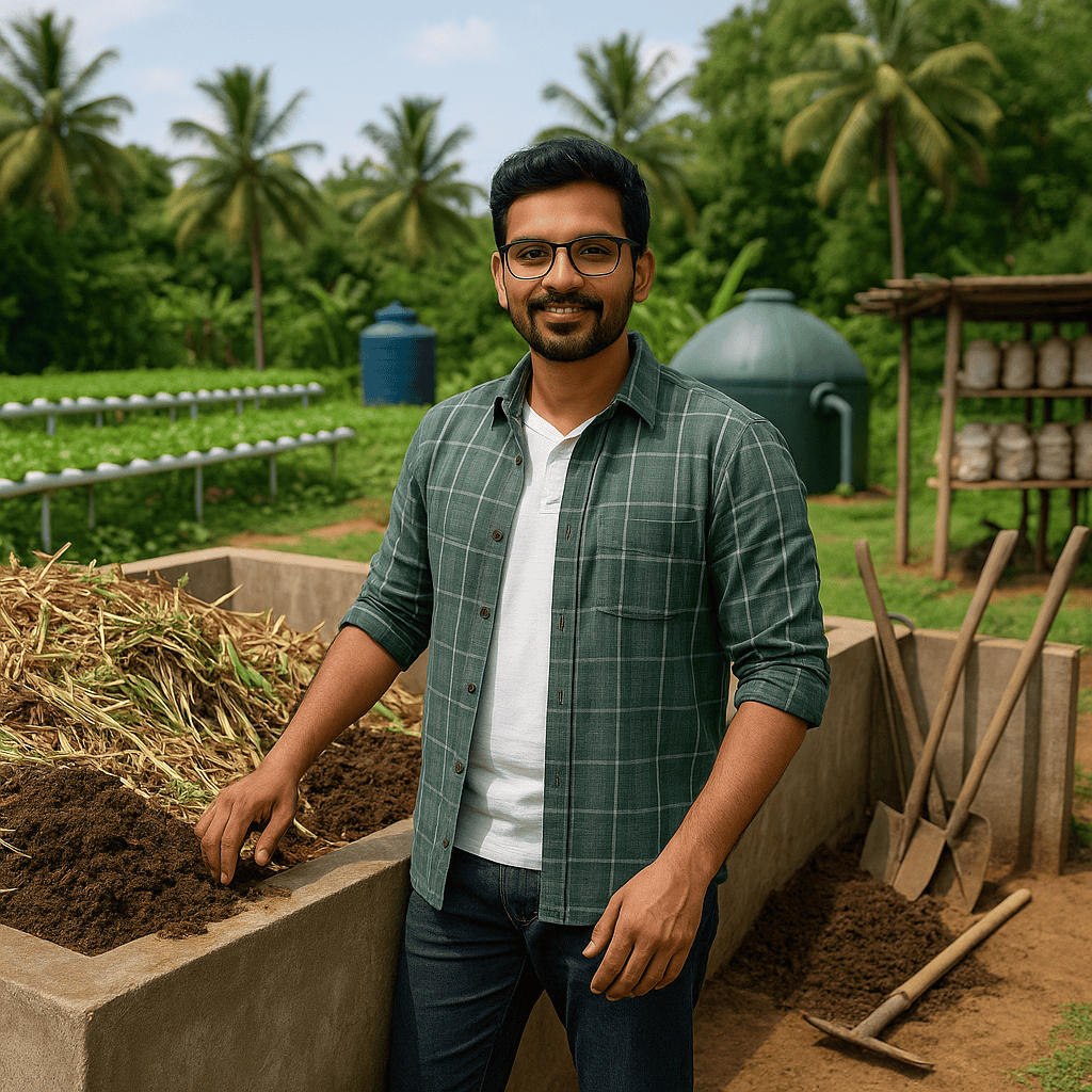 An farmer standing beside a composting unit filled with agricultural waste, surrounded by a lush green farm featuring a biogas plant, hydroponic system, and mushroom cultivation area.