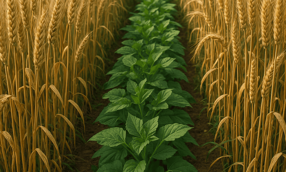 Nutrition Smart Farming - A vibrant wheat field with a central row of lush green leafy plants growing between tall golden wheat stalks, under natural daylight.