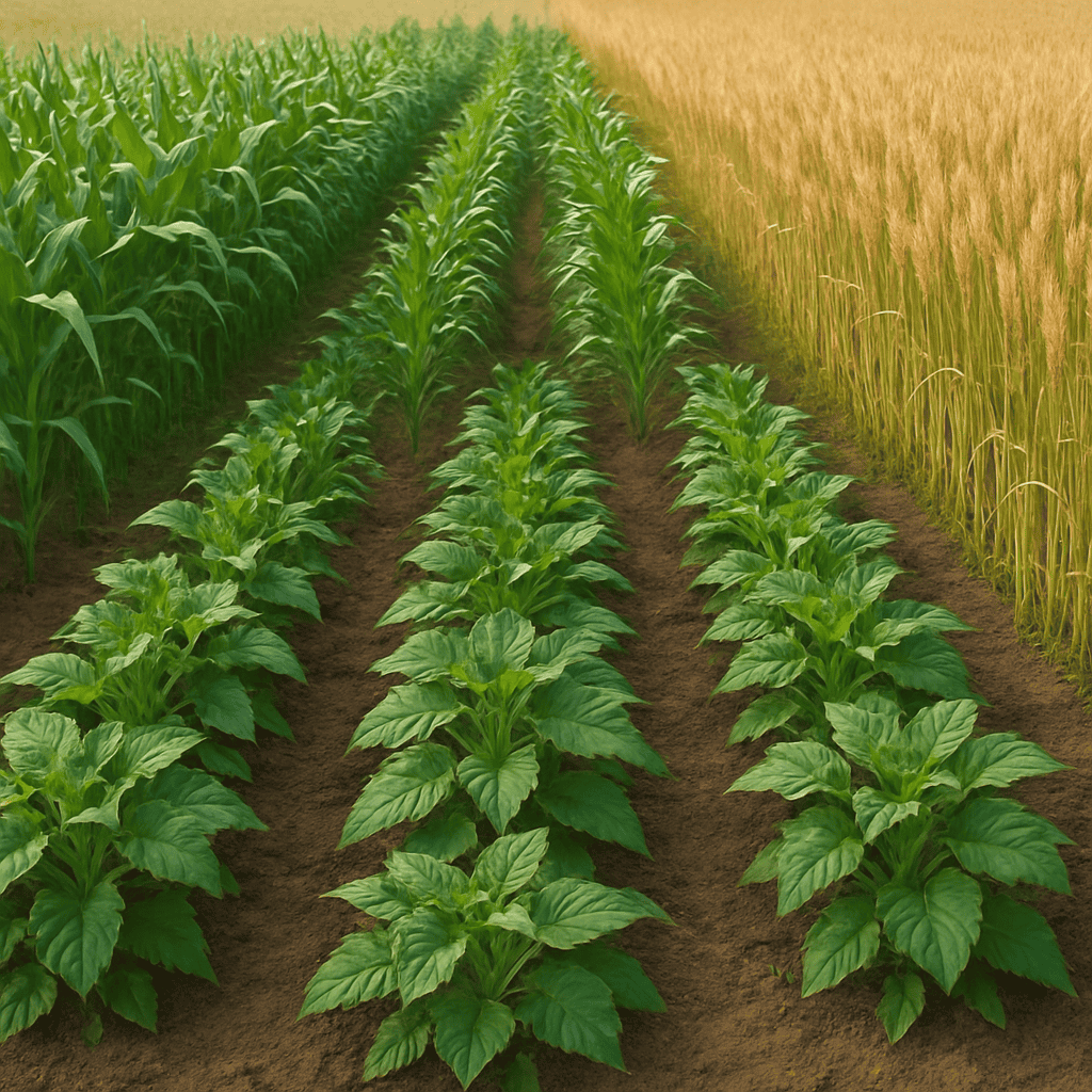 Nutrition Smart Farming A well-maintained cultivation field featuring three distinct rows of crops — leafy greens, tall corn, and golden wheat — under natural daylight, illustrating a diverse and nutrient-focused farming approach.