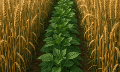 Nutrition Smart Farming - A vibrant wheat field with a central row of lush green leafy plants growing between tall golden wheat stalks, under natural daylight.