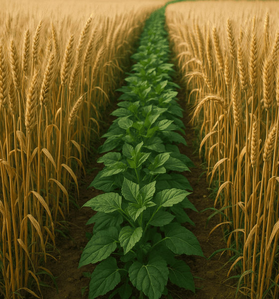 Nutrition Smart Farming - A vibrant wheat field with a central row of lush green leafy plants growing between tall golden wheat stalks, under natural daylight.
