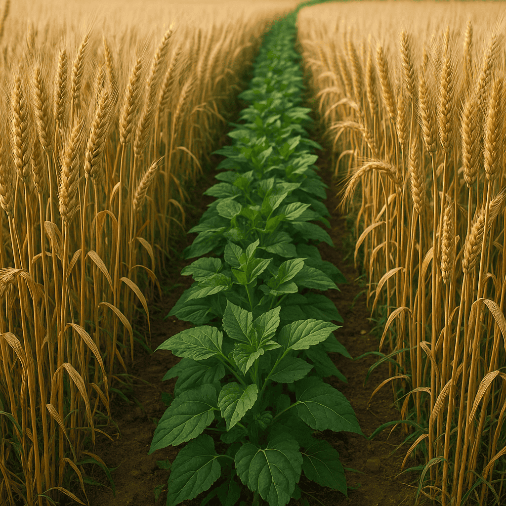 Nutrition Smart Farming - A vibrant wheat field with a central row of lush green leafy plants growing between tall golden wheat stalks, under natural daylight.