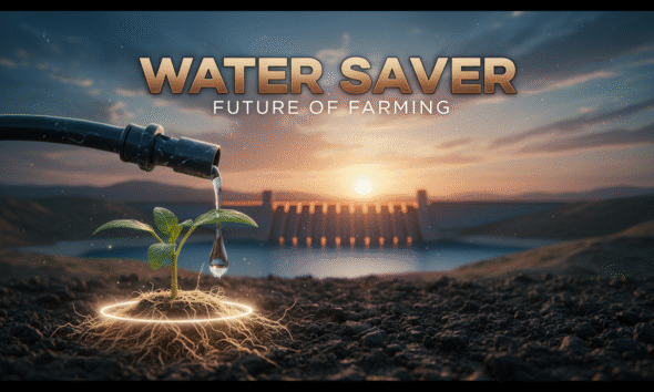 Drip irrigation tubing laid along crops to deliver water directly to plant roots, saving water and promoting healthier growth