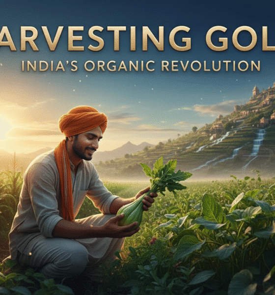 Young farmer inspecting organic vegetables in 2025, using sustainable farming practices