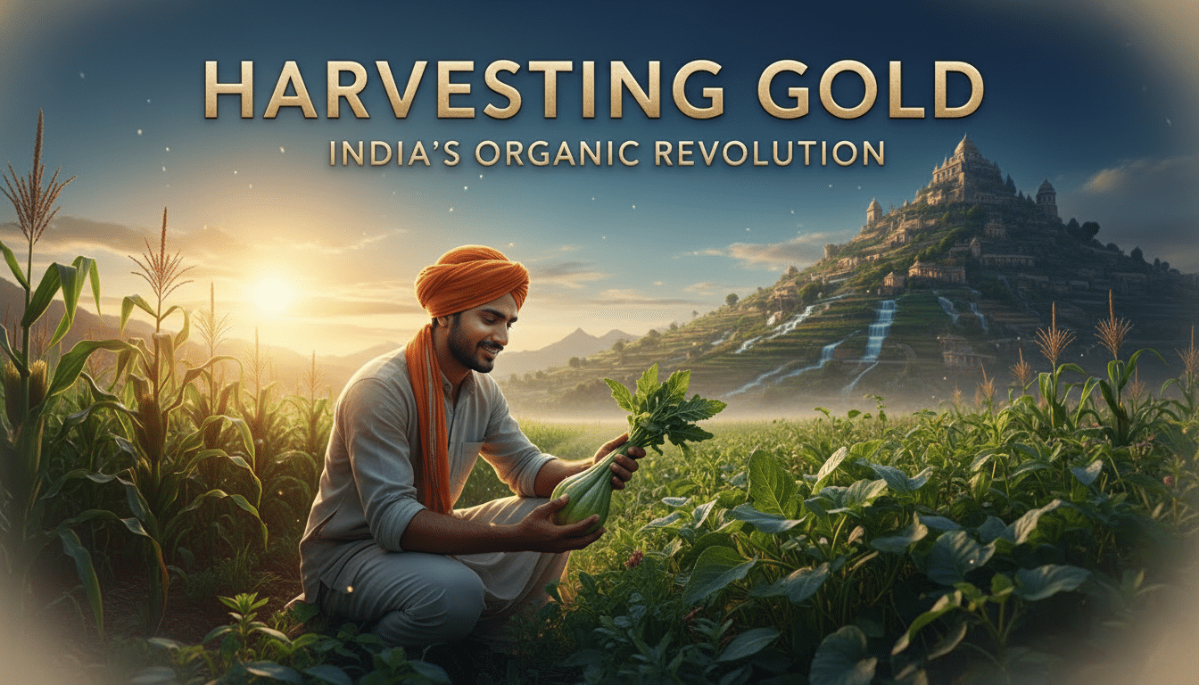 Young farmer inspecting organic vegetables in 2025, using sustainable farming practices