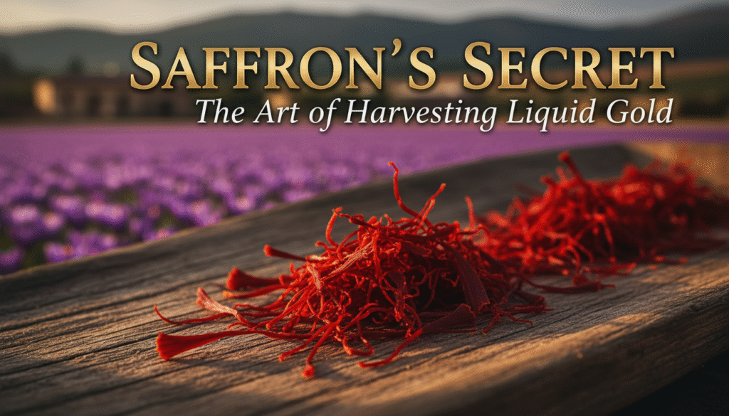 High-quality saffron stigmas harvested from Kesari farming in India

