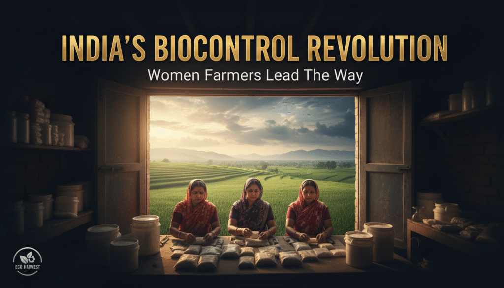 Women farmers promoting sustainable agriculture through biopesticide production in India.