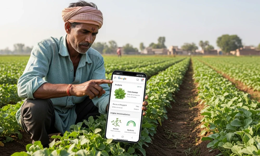 ಭಾರತ್ ವಿಸ್ತಾರ್ AI ಪರಿಕರ ಬಳಸಿ ಬೆಳೆ ಮಾಹಿತಿ ಪಡೆಯುತ್ತಿರುವ ಭಾರತೀಯ ರೈತ