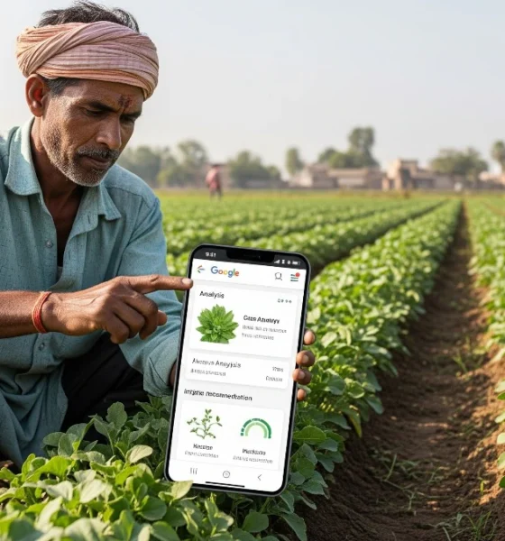 ಭಾರತ್ ವಿಸ್ತಾರ್ AI ಪರಿಕರ ಬಳಸಿ ಬೆಳೆ ಮಾಹಿತಿ ಪಡೆಯುತ್ತಿರುವ ಭಾರತೀಯ ರೈತ