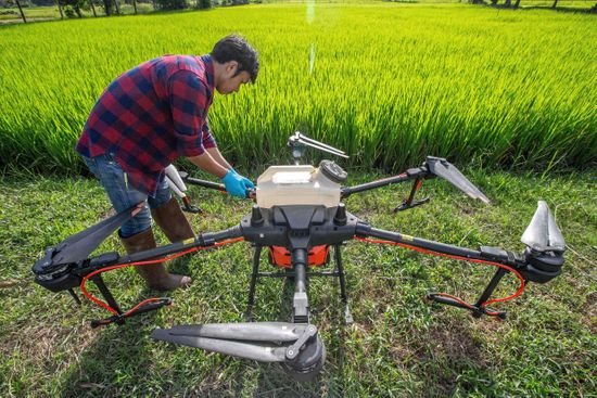 DJI agriculture drone spraying crops with precision farming technology