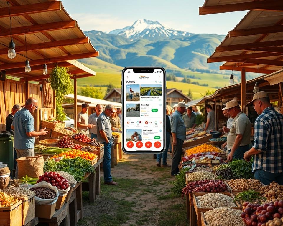 Farmers selling produce online through agriculture e-commerce platform