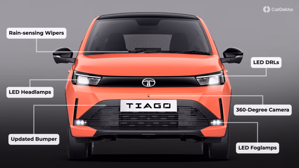 Tata Tiago Facelift 2026 interior features with touchscreen, digital display and wireless charging.